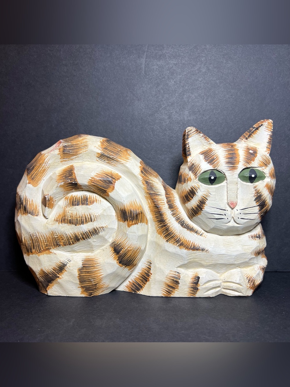Vintage Signed James Haddon Hand Carved Wooden Folk Art Tabby Cat Figure